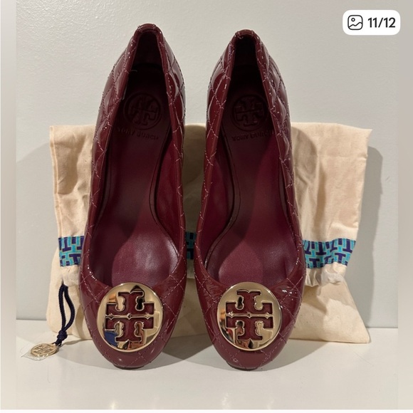 Tory Burch Quilted Wedge Pumps – Burgundy Patent Leather, Size 8 - Picture 1 of 12